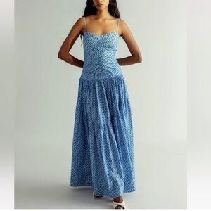 NEW Summer Away at Free People Roberta Dress Sz S Blue Ocean Checks Ruched